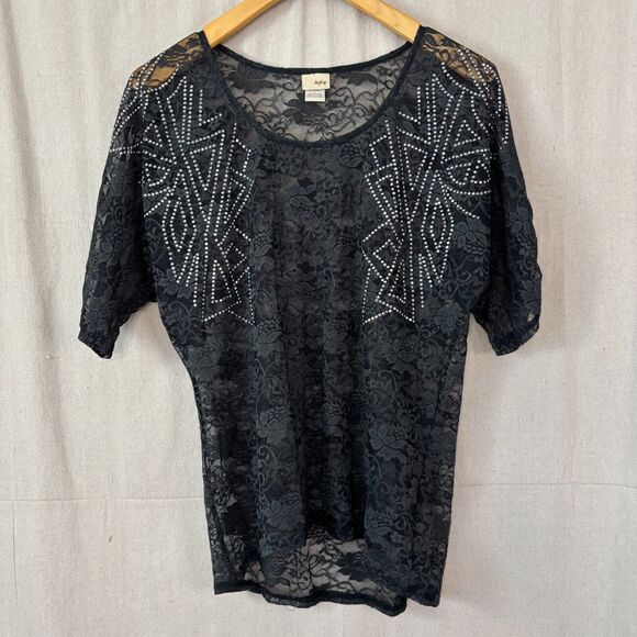 Daytrip Women Whimsigoth Witchy Rhinestone Lace Top Size L Black Vamp Dark Boho - Picture 1 of 7